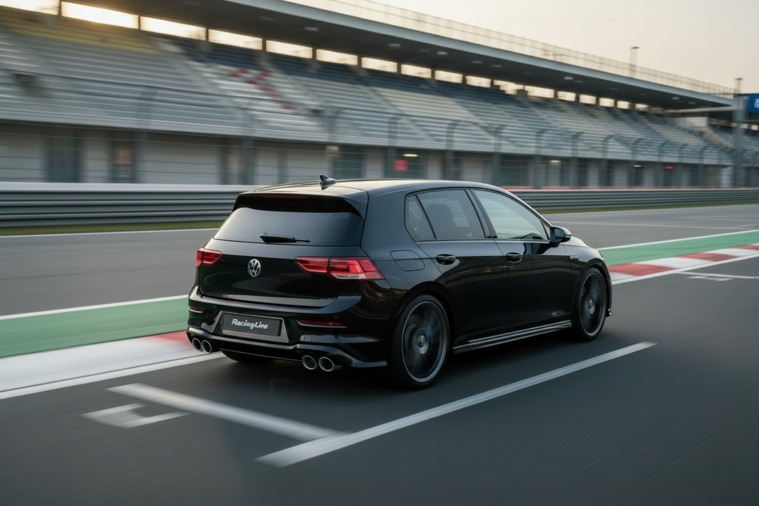 Lowered Black VW MK8 Golf R with RacingLine Wheels and AWE Tuning Exhaust Tips